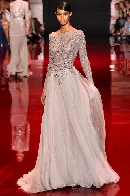 Ellie Saab Luxus Sexy 2016 Abendkleid Eine Linie Chiffon Bateau Backless Langarm Schärpe Spitze Appliques Perlen Prom Kleider
