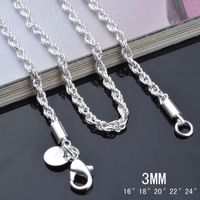Alta qualidade 925 esterlina banhado a prata 3 MM (16-24 polegadas) torcido corda cadeia colar de moda jóias frete grátis