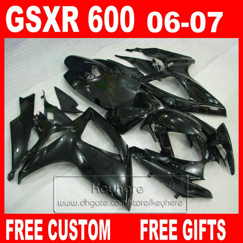 7ギフト用のボディワークセット06 07スズキ射出成形フェアリングGSXR 600オールグロッシーブラックフェアリングキット2006 GSXR600 2007 K6 GSX-R600 HY11