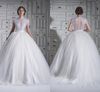 2019 A Bola Linha vestido de casamento Vestidos Jewel apliques plissada Tulle Sheer-Illusion Lace botão até o chão vestidos de noiva Custom Made