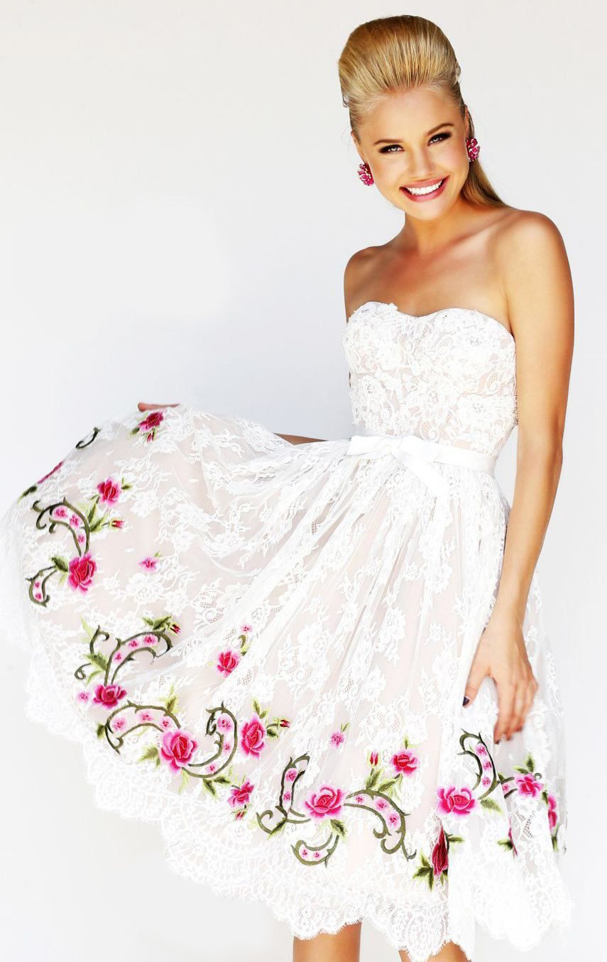 Full Lace Flower Knee Length Prom Gown 2015 New Strapless Stain Ribbon
