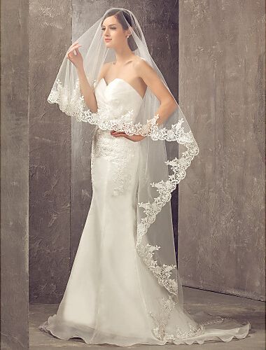 Voiles de mariage cathédrale avec bord en dentelle appliqué, voile de mariée Vintage à un niveau, sur mesure sans Comb2016586