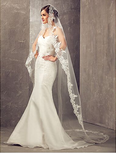 Voiles de mariage cathédrale avec bord en dentelle appliqué, voile de mariée Vintage à un niveau, sur mesure sans Comb2016586