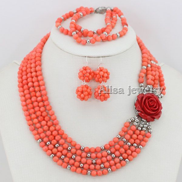 compre colar de coral rosa conjunto de jóias de noiva colar de