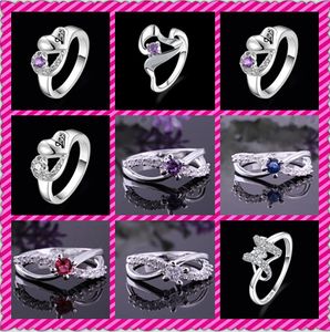 Gorąca sprzedaż Moda 925 Sterling Silver Mosaic kryształowe pierścienie Rocznika Pierścionki Rozmiar US8 Mix 9 Style 10 sztuk / partia
