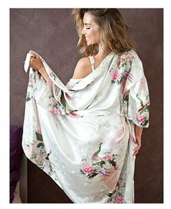 

Japanese Women's Wedding Silk Kimono Robe Bridal Geisha Peacock Blossom Night Gown Pajamas 9 colors available Free Shipping, Sky blue