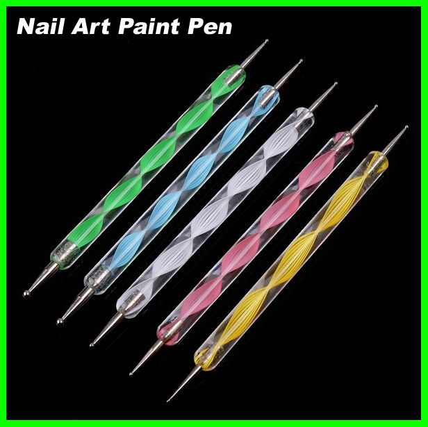 1000 stks/partij 5 stks Nail Art Tool Steel Puntjes Marbleiseren Pen Nail Art Verf Pen Decoratie Nail Art manicure Tool