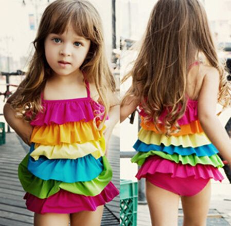 Beachwear girls Hot-Selling 2014 Summer Rainbow kid Swimwear One Piece Dress girl swimsuit Female Child Kids Swimwear