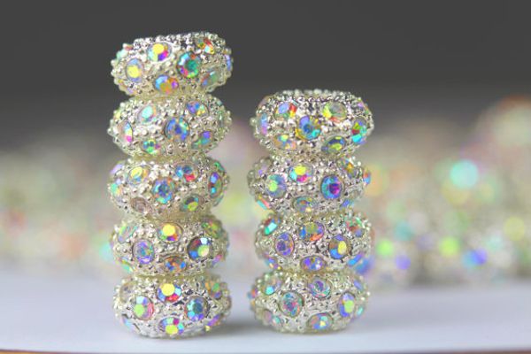 

100pcs/lot Silver tone with AB Crystal Rhinestone Big Hole European Charm Beads Fit Bracelet Chain Jewelry Findings 11x5mm