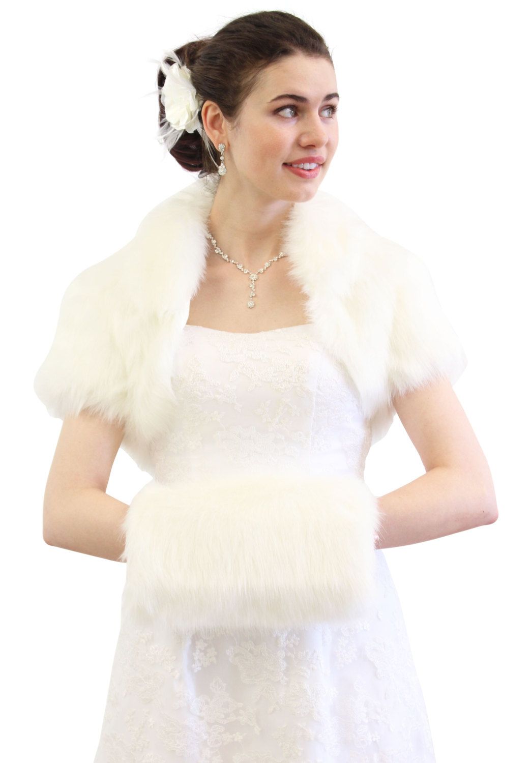 

Faux Fox Fur Bridal Bolero Crop Jacket DH7396, White