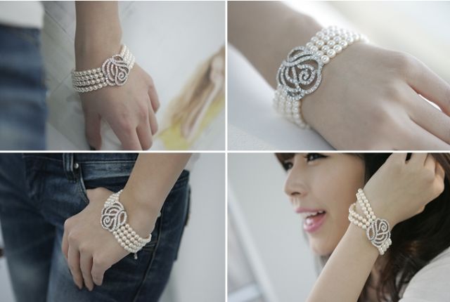 Hot Selling Fashions Becautiful Crystal Rose Flower 4 Layers Pearl Bracelet Free Shipping with tracking number