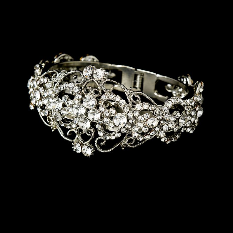 

Vintage Look Rhodium Silver Heart Design Rhinestone Diamante Crystal Bridesmaid Bangle Bracelet