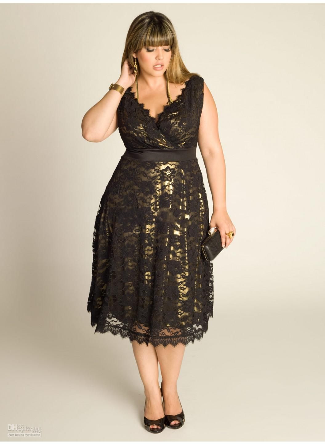 Lm Blck V Neck Plus Size Tea Length Sleeveless Black Sexy Lace Cocktail