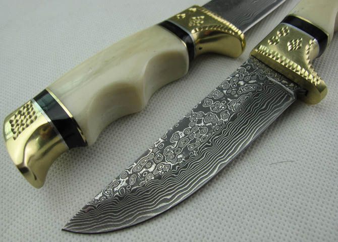 Promotion Damascus straight knife, 58HRC Camel bone + Double Copper head with caiving pattern Handle, Ourdoor survival knife knives