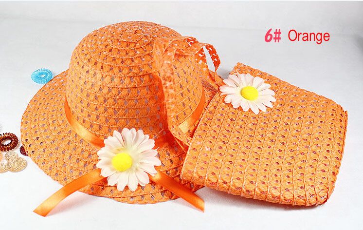 Fashion Summer Sun Hat Girls Kids Beach Hats Bags Flower Straw Hat Cap weave Tote Handbag Bag Suit fit 1-6 Years Children sunhat