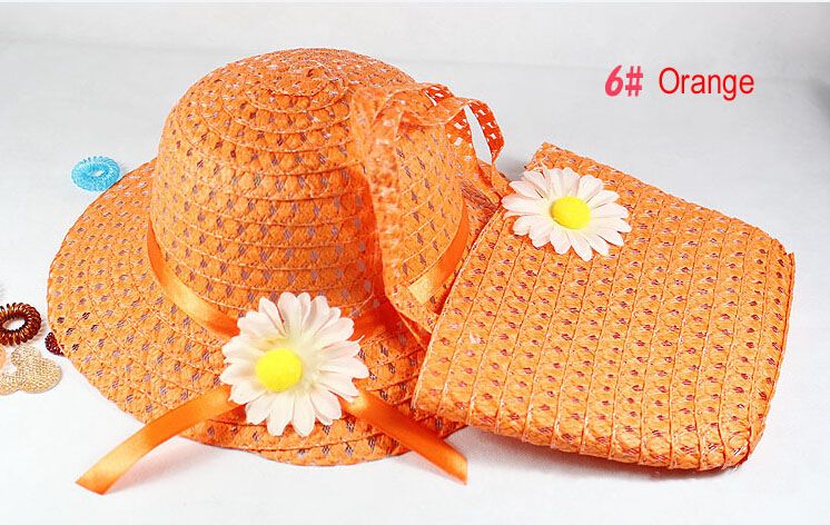 Flickor Blomma Straw Beach Hat + Weave Tote Handväska Bag Sets Baby Summer Straw Sun Hat Barn Barn Topee 9 Färger Blandad Gratis frakt