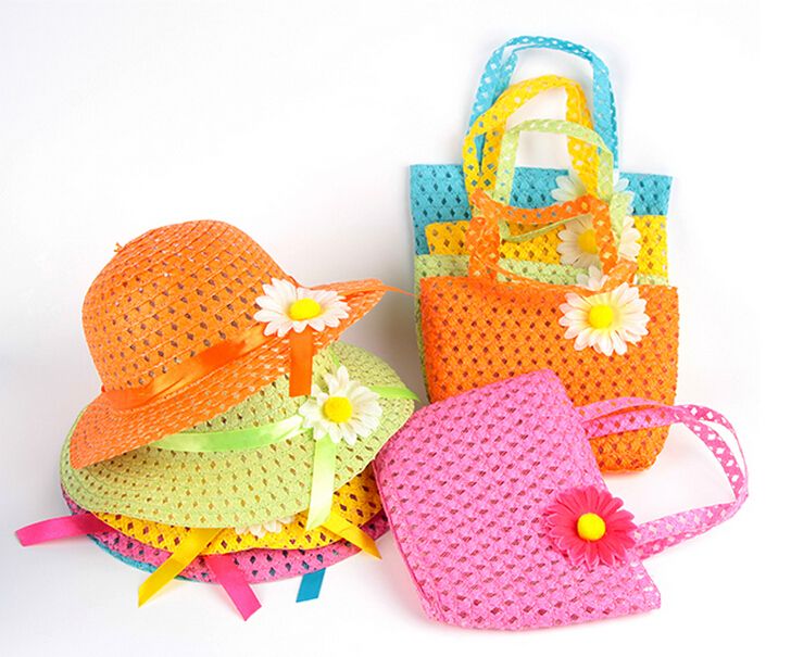 

Fashion Summer Sun Hat Girls Kids Beach Hats Bags Flower Straw Hat Cap Tote Handbag Bag Suit fit 1-6 Years child 9 Colours Free shipping, 9 colours mix