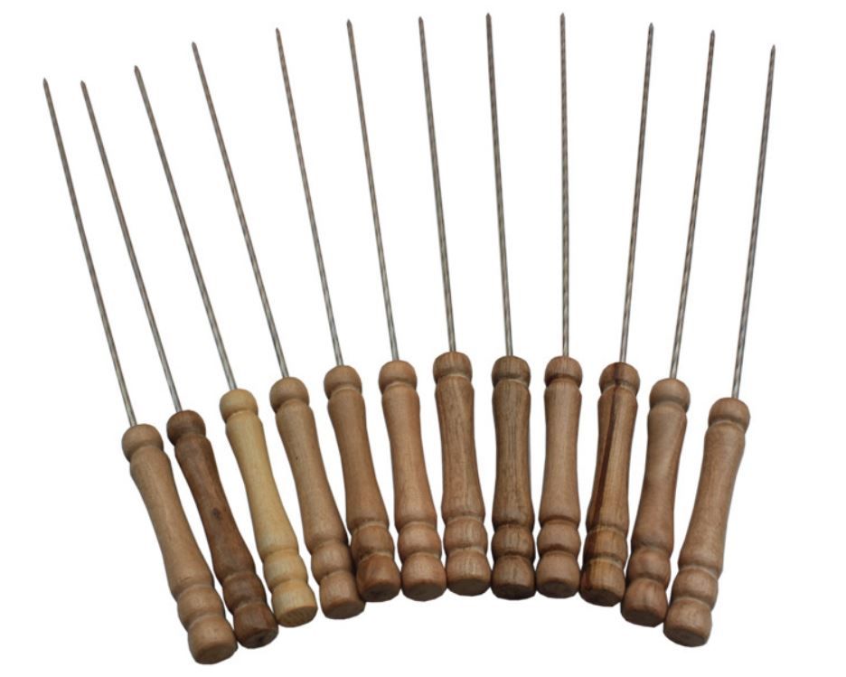 

BBQ Wooden Handle 12pcs set Roasting Needle Protable Outdoor Picnic Metal iron Barbeque Skewers BBQ Kebab Sticks 31cm, As pic shows