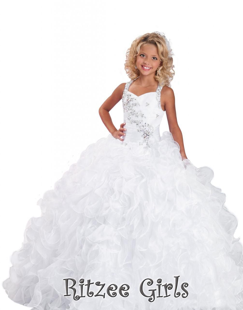2015 White Little Girls Pageant Dresses Beaded Ruffles Organza Ball
