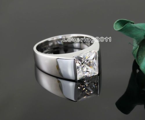 Joyería de moda de alta calidad para hombre, corte princesa, piedras preciosas de topacio blanco, anillo de boda de compromiso con relleno de plata 925, tamaño 8-12