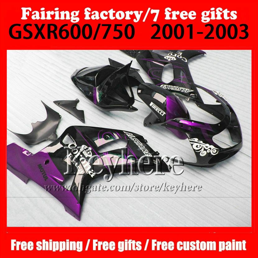 7 gåvor som mässar kroppssats för 01 02 03 Suzuki GSX-R600/750 FAIRINGS GSXR 600 750 K1 2001 2002 2003 Corona Purple Black Motorcykeldelar VV452