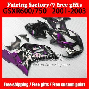 7 Prezentów Zestaw Body Fairing dla 01 02 03 Suzuki GSX-R600/750 Fairings GSXR 600 750 K1 2001 2002 2003 Corona Purple Black Motorcycle Parts VV452