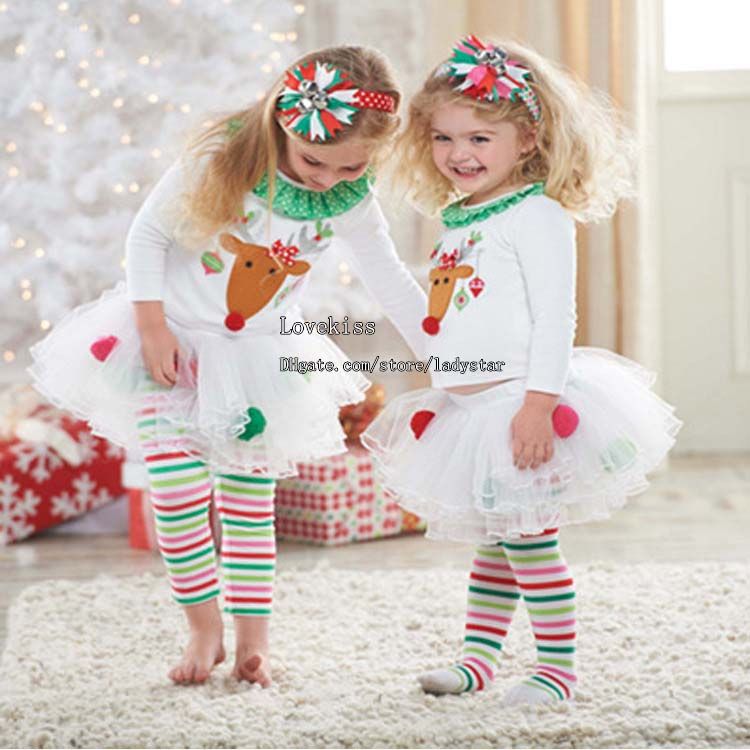 أطفال ملابس عيد الميلاد الاطفال ملابس عيد الأطفال المناسبات الخاصة الفتيات يتسابق الأبيض القمصان الطفل طماق الجوارب مجموعات الاطفال