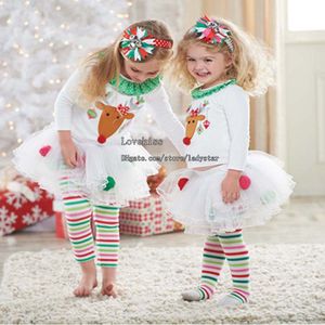 어린이 크리스마스 옷 어린이 크리스마스 의류 어린이 특별 행사 소녀 복장 화이트 티셔츠 아기 레깅스 스타킹 아이 세트