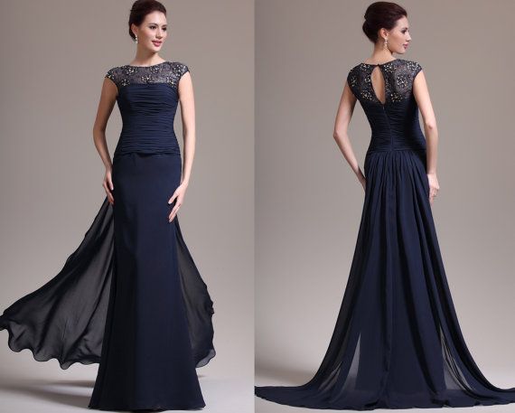 New Sexy Round Neck Lace And Chiffon Dark Blue Mother Of The Bride ...