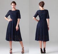Wholesale Navy Blue Tea length Lace Mother of the Bride Dresses Vintage Half Long Sleeve Beach Bridesmaid Bridal Party Evening Gowns Cheap Spring
