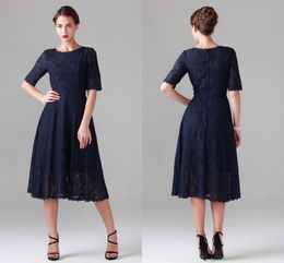 Navy Blue Tea-length Lace Mother of the Bride Dresses Vintage Half Long Sleeve Beach Bridesmaid Bridal Party Evening Gowns 2019 Cheap Spring