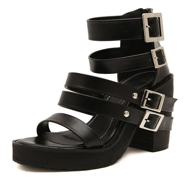 Trendy Cool Shoes Black Motorcycle Shoes Chunky Heel Gladiator Sandals ...
