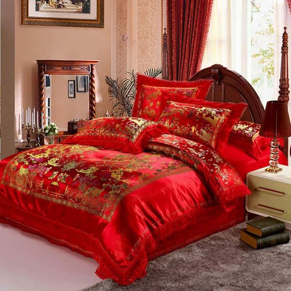 Red Satin Comforter Cover Set Dragon Chinese Wedding Bedding Set