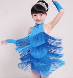 여자 라틴 댄스 복장 새로운 어린이 라틴 댄스 의상 고급 스판덱스 밝은 프린지 술 공연 스커트