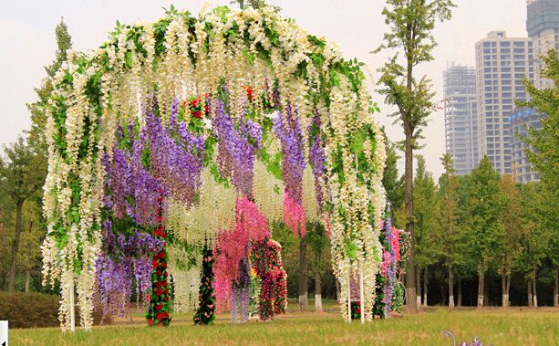 110cm Lång elegant konstgjord silkeblomma Wisteria Vine Rattan för bröllopscentrum Dekorationer Bouquet Garland Heminredning 