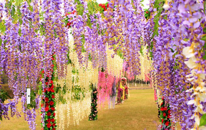 110cm Lång elegant konstgjord silkeblomma Wisteria Vine Rattan för bröllopscentrum Dekorationer Bouquet Garland Heminredning 