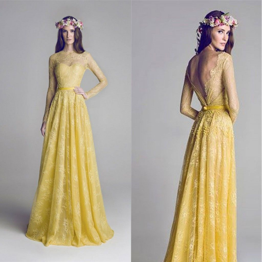 Yellow Crew Lace Open Back Formal Evening Dresses Full Length Sash