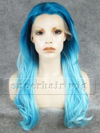 S27 24" Long Two Tone Body Wave Heat Friendly Synthetic Lace Front T Colour Blue Wig