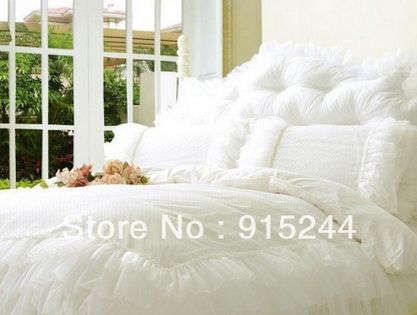 White Ruffle Wedding Queen Bedding Set King Size Pink Lace Rustic