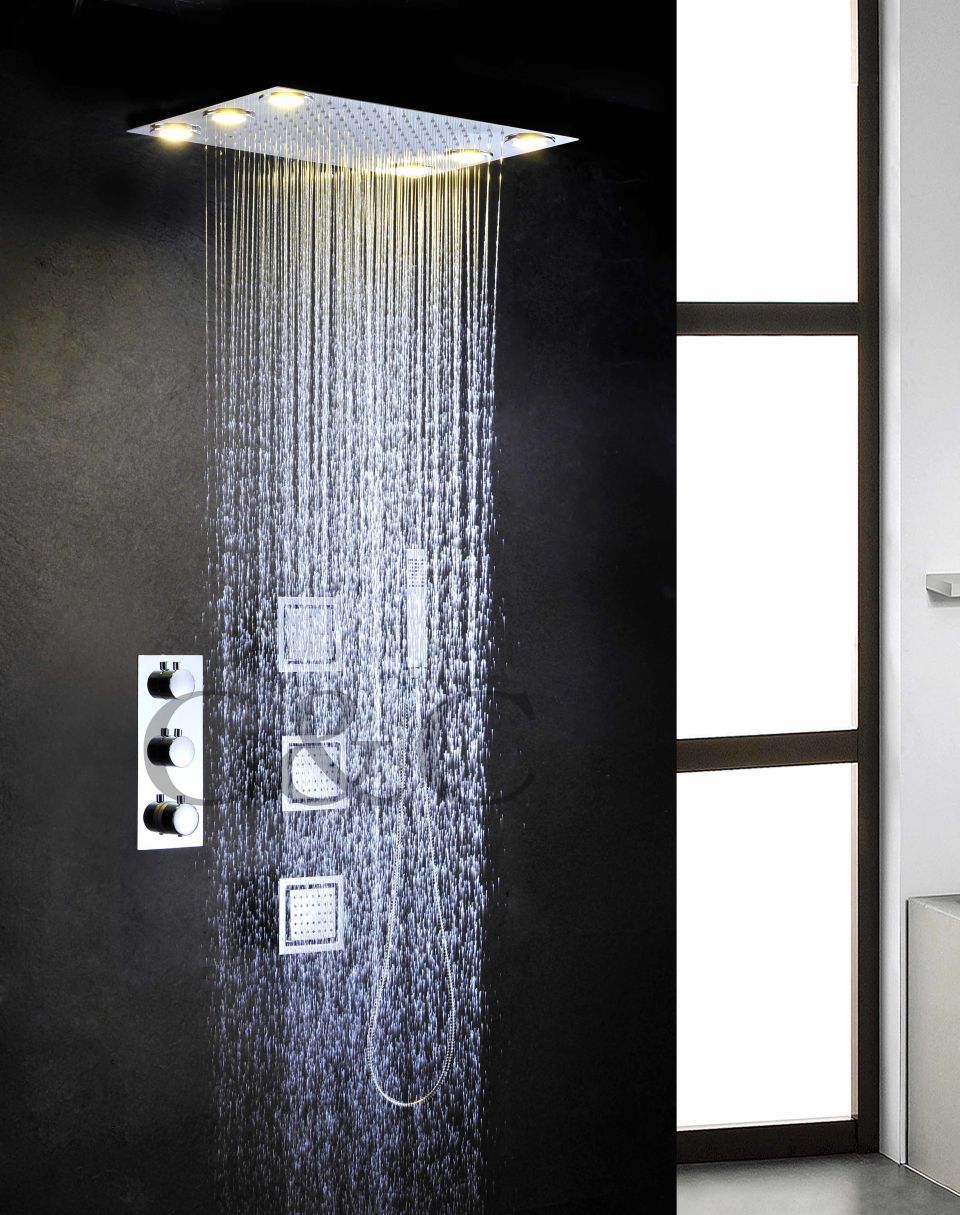 Courant alternatif 6 pièces LED lampes jaunes ensemble de pomme de douche à pluie thermostatique contrôlé pluie salle de bain robinet de douche 007-50X36L-3MF