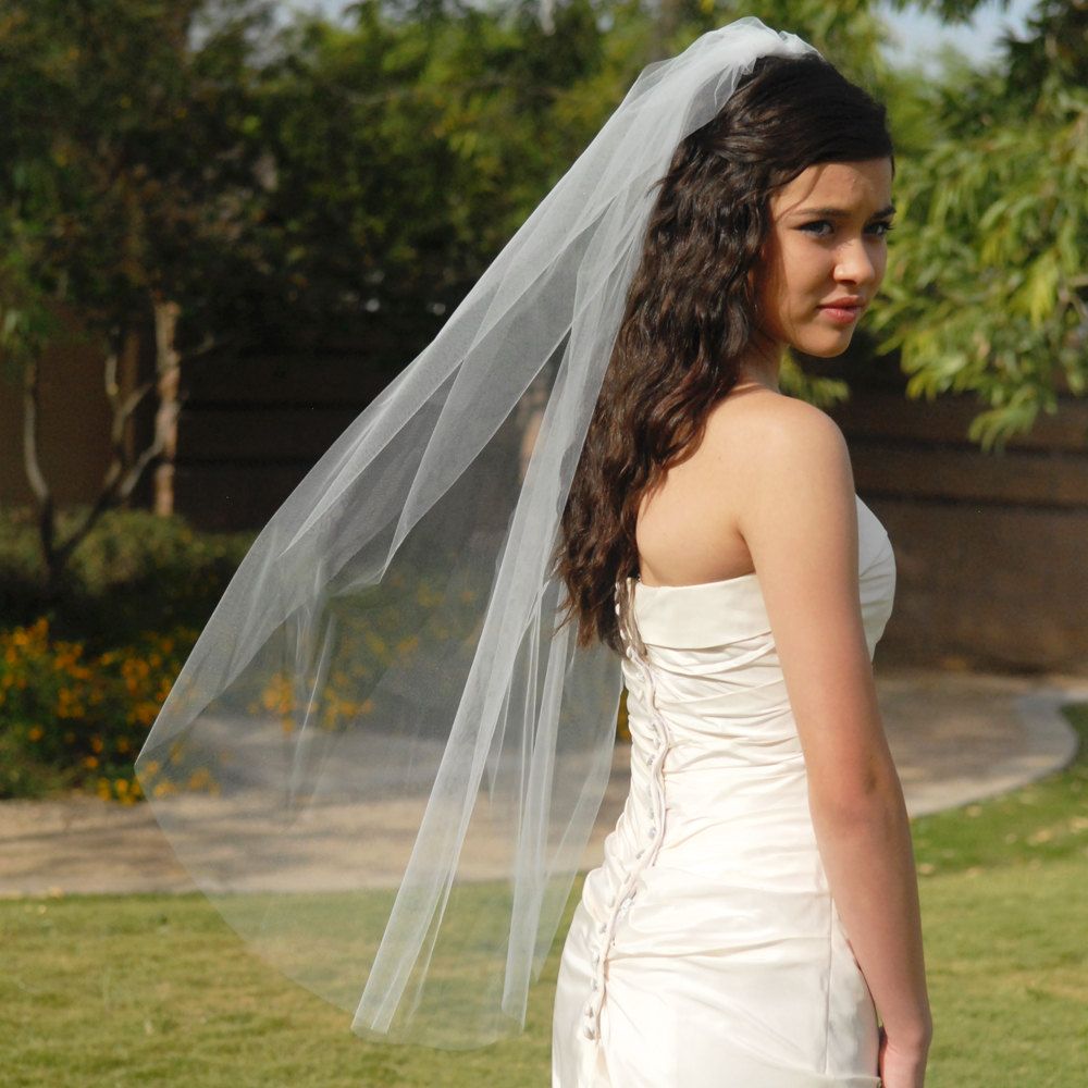popular design simples véus de casamento curto comprimento do cotovelo uma camada corte borda tule acessório de noiva personalizado feito242M