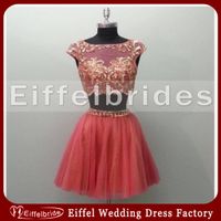 Wholesale Sparkly Short Homecoming Dress with Shining Beads Sequin Two Pieces and Sexy Sheer Bateau Neck Cap Sleeve Elegant A line Short Prom Dresses
