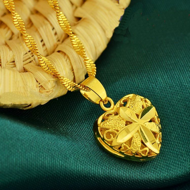 Collar con colgante en forma de corazón hueco amarillo para mujer, collar de cadena con ondas chapado en oro de 24 quilates, joyería collie de moda 2016