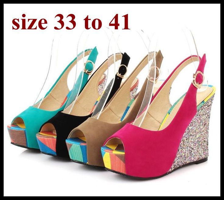 candy color peep toe sling back platform wedge sandals Pink Blue plus size wedding shoes sexy women summer shoes size 40 41 to small size 33