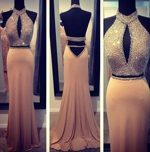 Hot Online Selling ! Halter Two Pieces Beaded Backless Chiffon Evening Dresses Party Formal Prom Homecoming Gowns