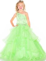 Pretty Blue Green Organza One- Shoulder Beads Flower Girl Dre...