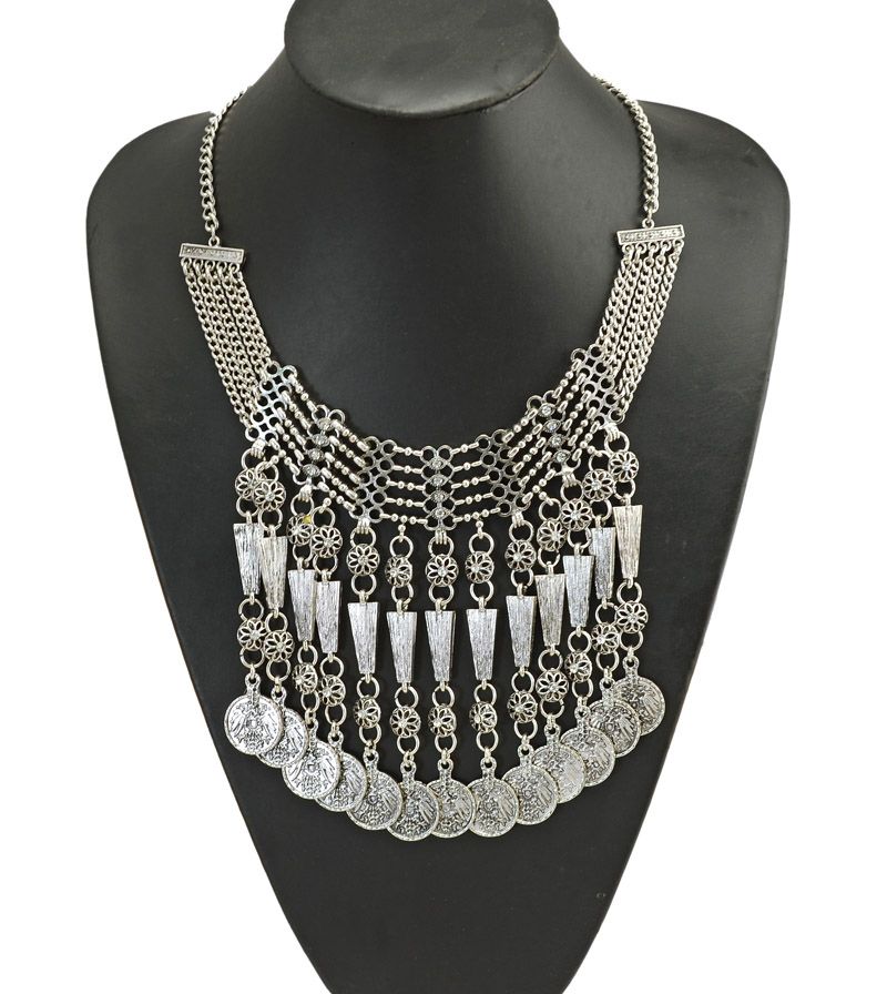 

New Vintage Style Carving Flower Alloy Rhinestone Bell Evil Coin Tassels Choker Necklace Earrings Set
