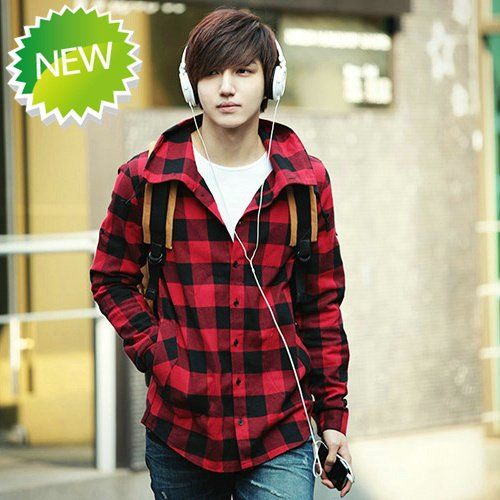 red and black check shirt with hood