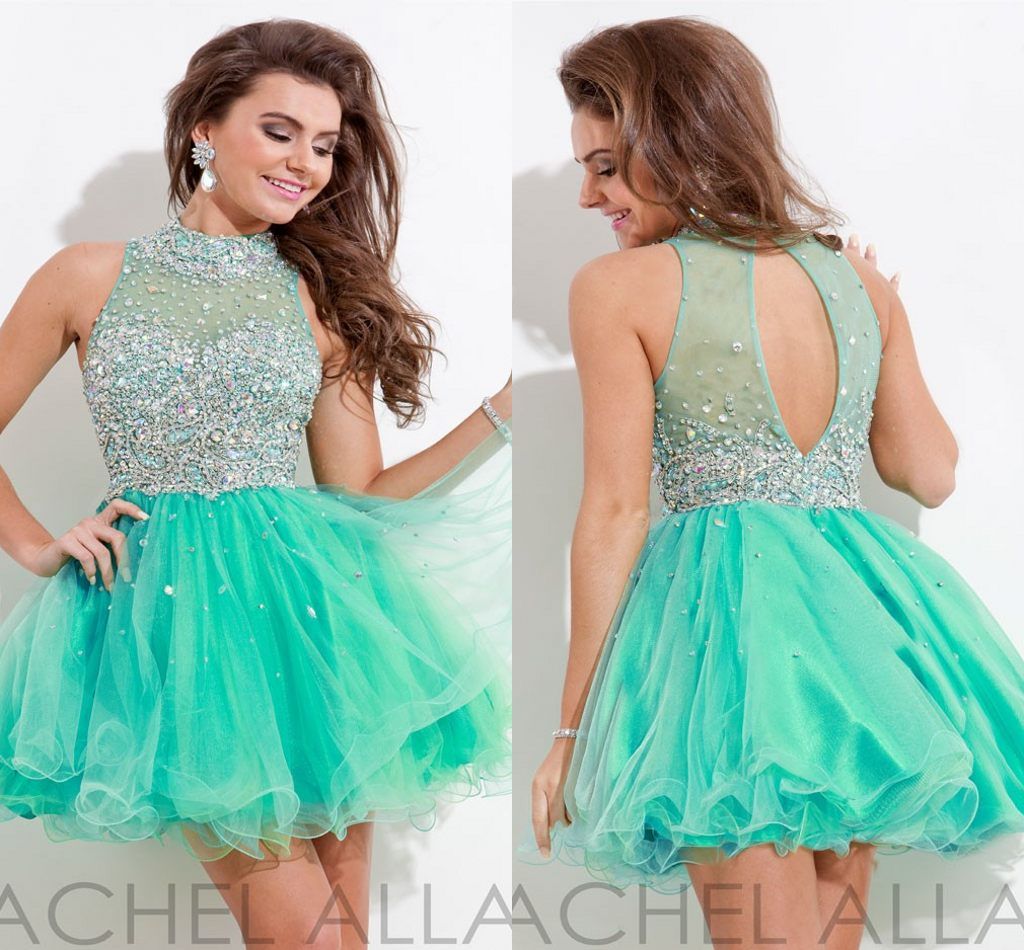 High Neck MiNi Homecoming Dresses Short A Line Backless Beads Crystal