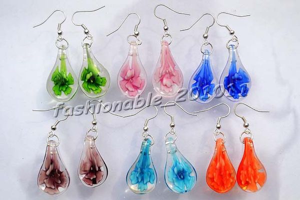 

Много красочных муранского стекла цветок внутри 3D серьги мода серебряные серьги